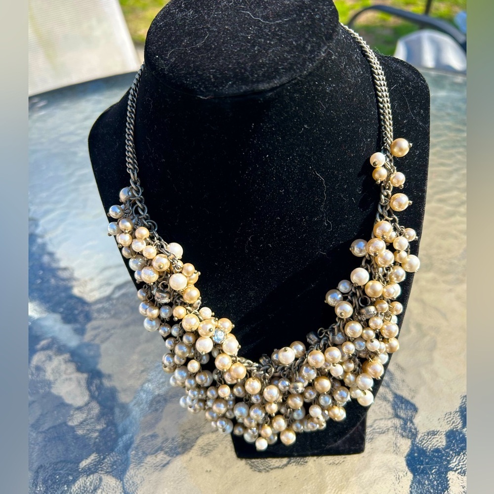 LOFT Statement collar Bib Necklace Rhinestones multicolor faux pearl